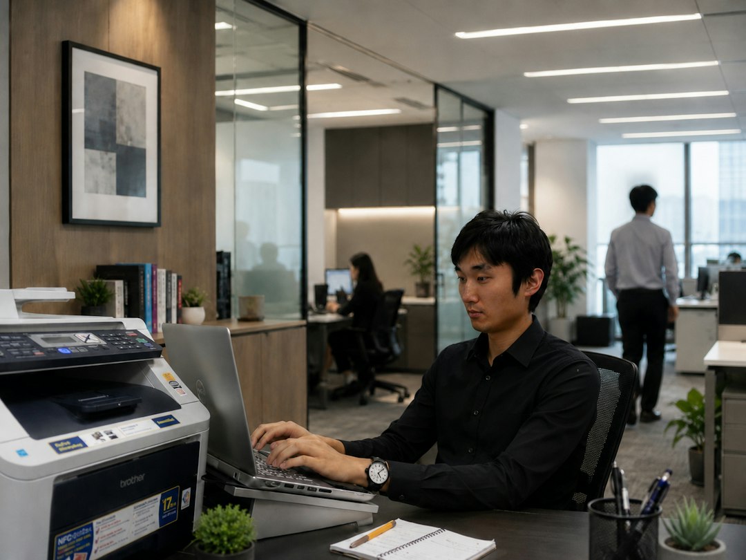 Person working on a laptop in an office with a printer nearby, connecting to a shared printer